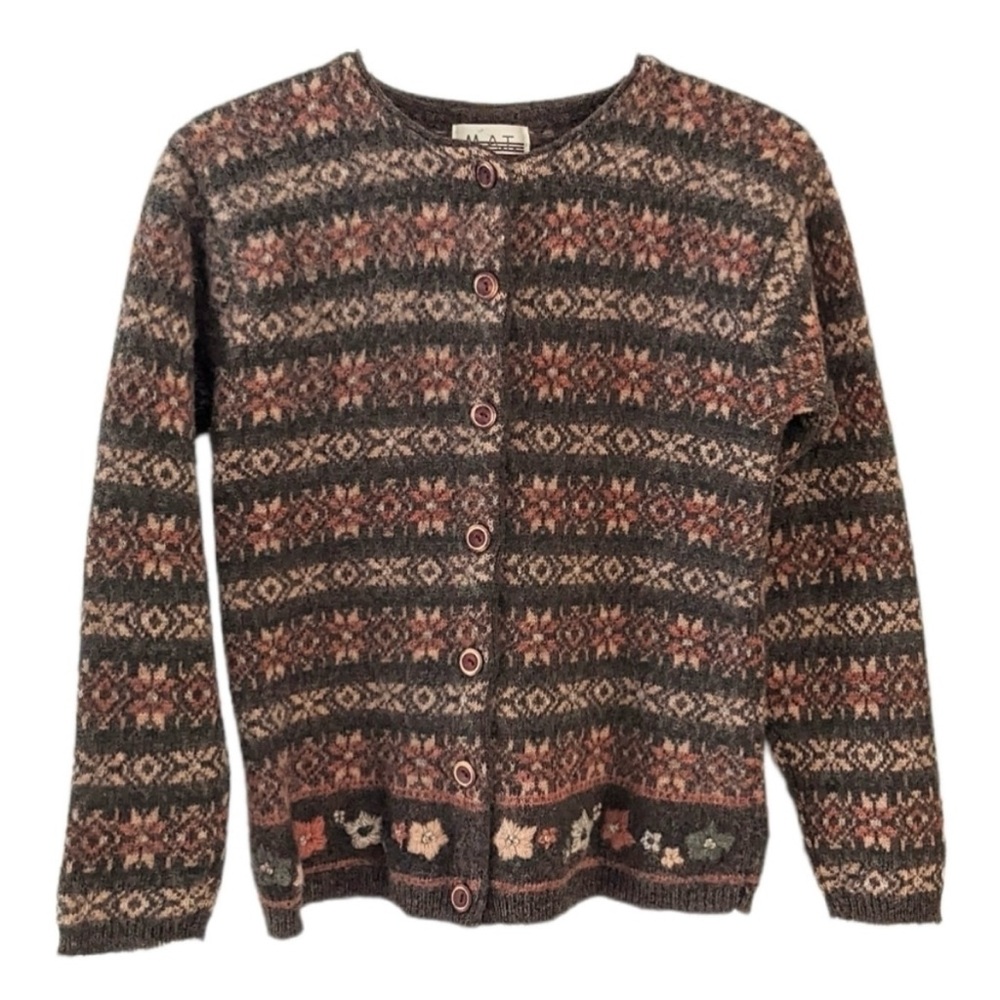 Vintage M.A.T 100% wool lcelandic Norway style tan brown knit cardigan sz Small